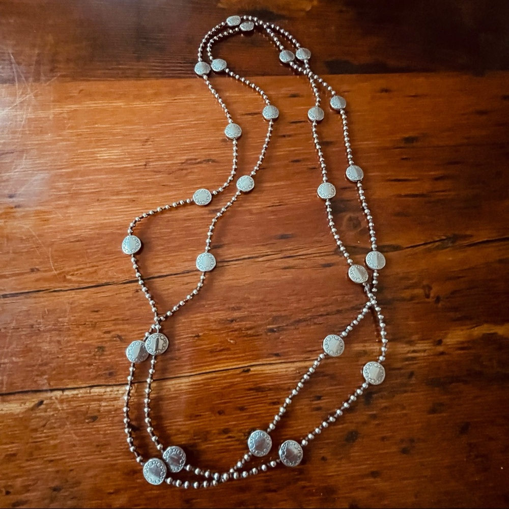 Silver bead layering necklace with leather knots 30 inches single or double wrap